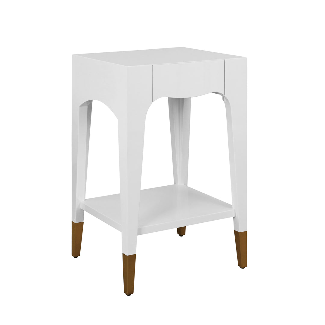 Tapered Leg One Drawer Side Table With Antique Brass Foot Caps In Off White Lacquer - PATTI WH