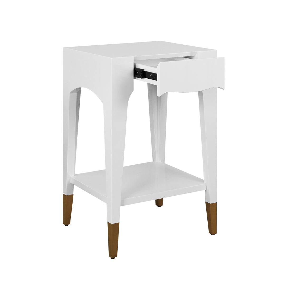 Tapered Leg One Drawer Side Table With Antique Brass Foot Caps In Off White Lacquer - PATTI WH