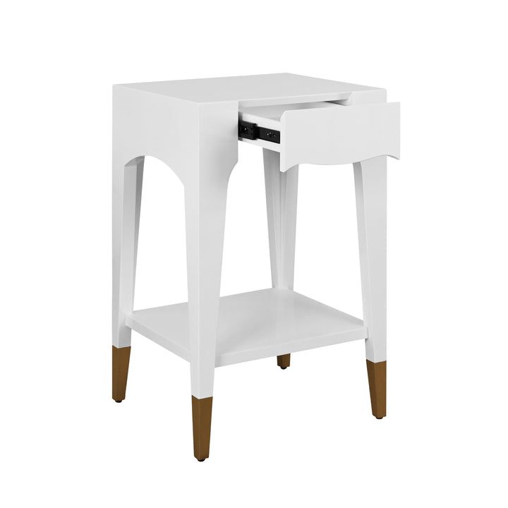 Tapered Leg One Drawer Side Table With Antique Brass Foot Caps In Off White Lacquer - PATTI WH