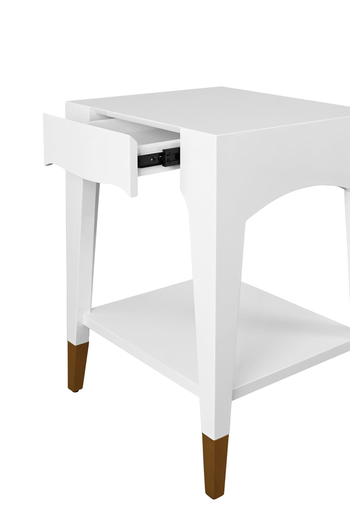 Tapered Leg One Drawer Side Table With Antique Brass Foot Caps In Off White Lacquer - PATTI WH