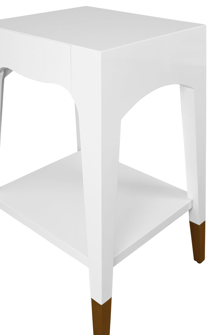 Tapered Leg One Drawer Side Table With Antique Brass Foot Caps In Off White Lacquer - PATTI WH