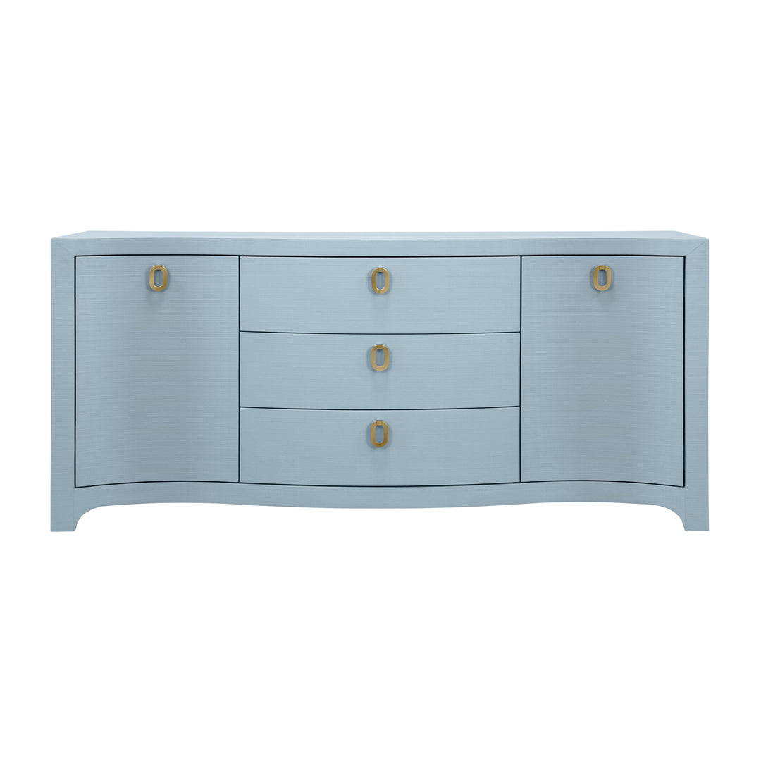 Curved Front Two Door Three Drawer Buffet In Textured Light Blue Linen With Satin Brass Ring Hardware - PAULINA LB