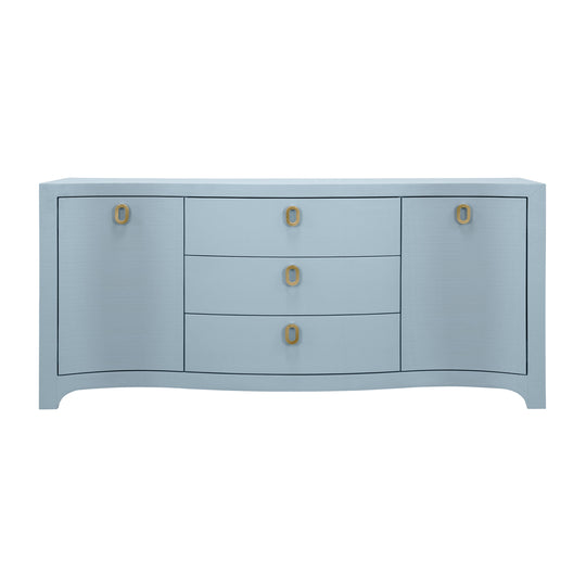 Curved Front Two Door Three Drawer Buffet In Textured Light Blue Linen With Satin Brass Ring Hardware - PAULINA LB