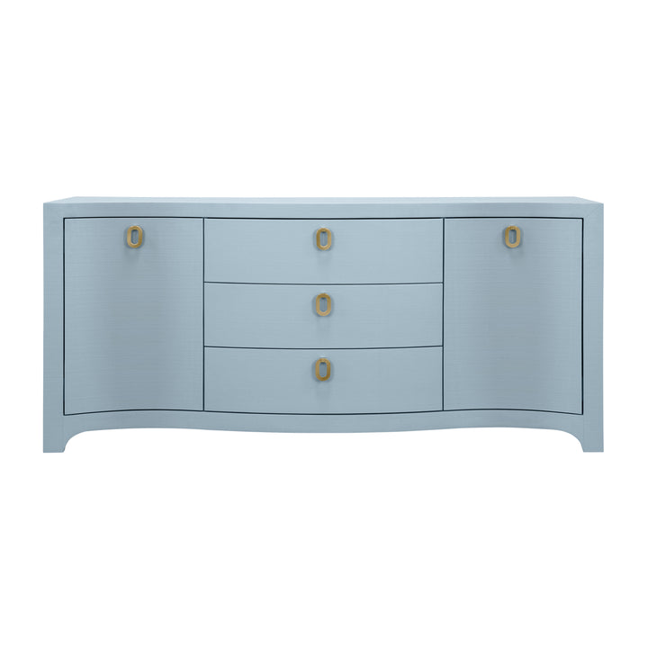 Curved Front Two Door Three Drawer Buffet In Textured Light Blue Linen With Satin Brass Ring Hardware - PAULINA LB