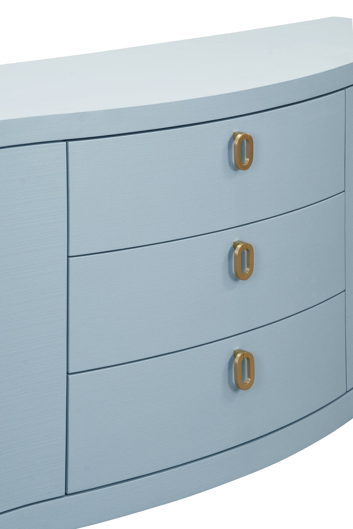 Curved Front Two Door Three Drawer Buffet In Textured Light Blue Linen With Satin Brass Ring Hardware - PAULINA LB