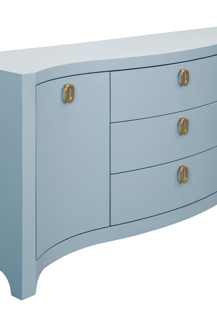 Curved Front Two Door Three Drawer Buffet In Textured Light Blue Linen With Satin Brass Ring Hardware - PAULINA LB