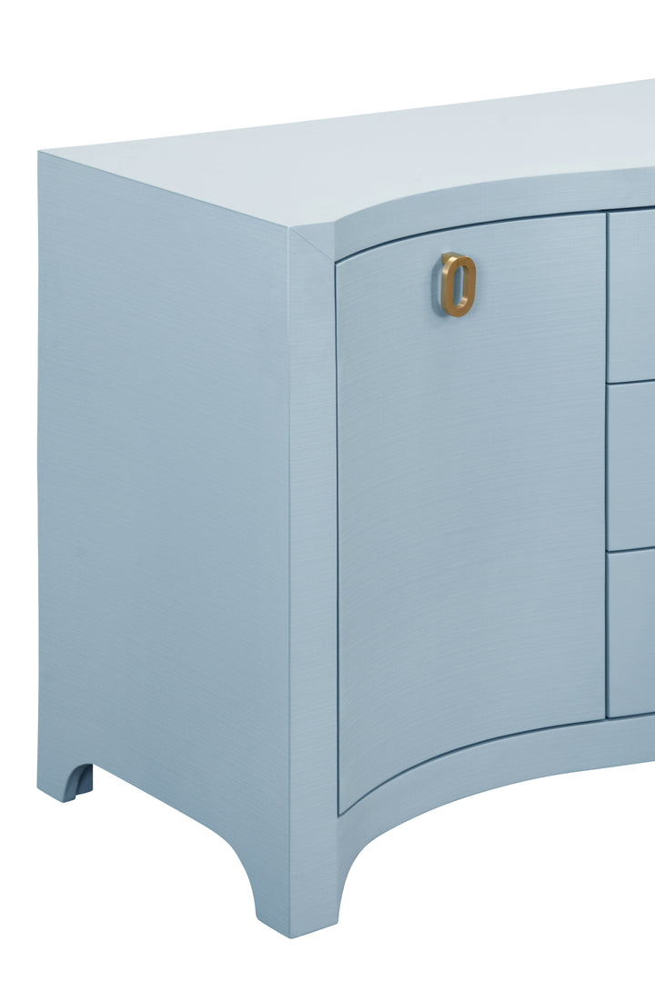Curved Front Two Door Three Drawer Buffet In Textured Light Blue Linen With Satin Brass Ring Hardware - PAULINA LB