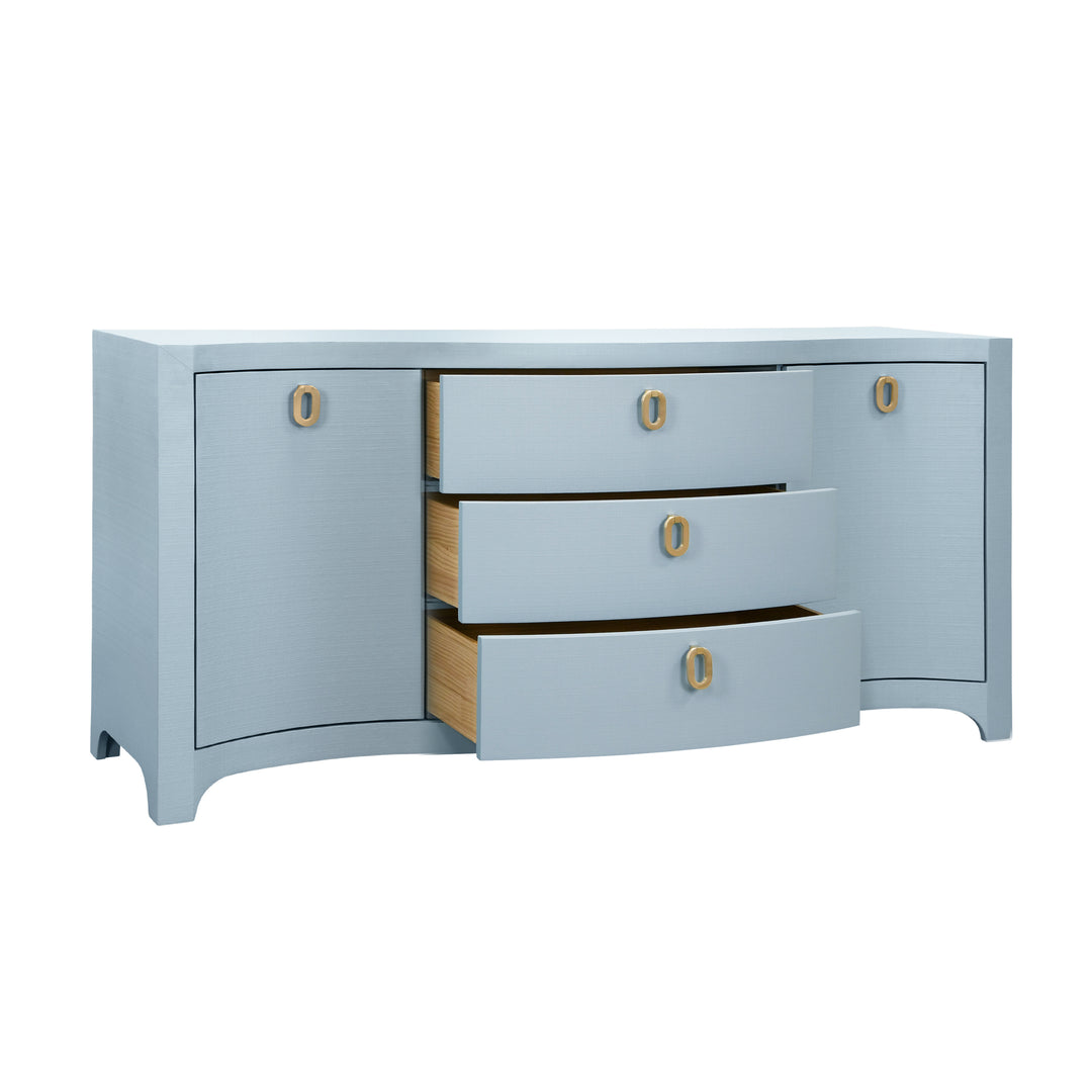 Curved Front Two Door Three Drawer Buffet In Textured Light Blue Linen With Satin Brass Ring Hardware - PAULINA LB