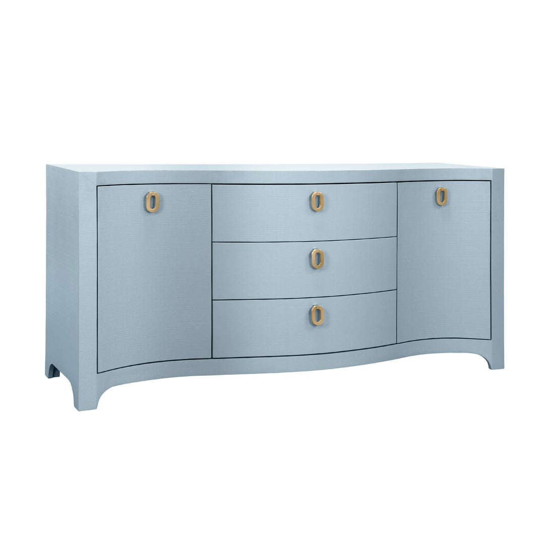 Curved Front Two Door Three Drawer Buffet In Textured Light Blue Linen With Satin Brass Ring Hardware - PAULINA LB