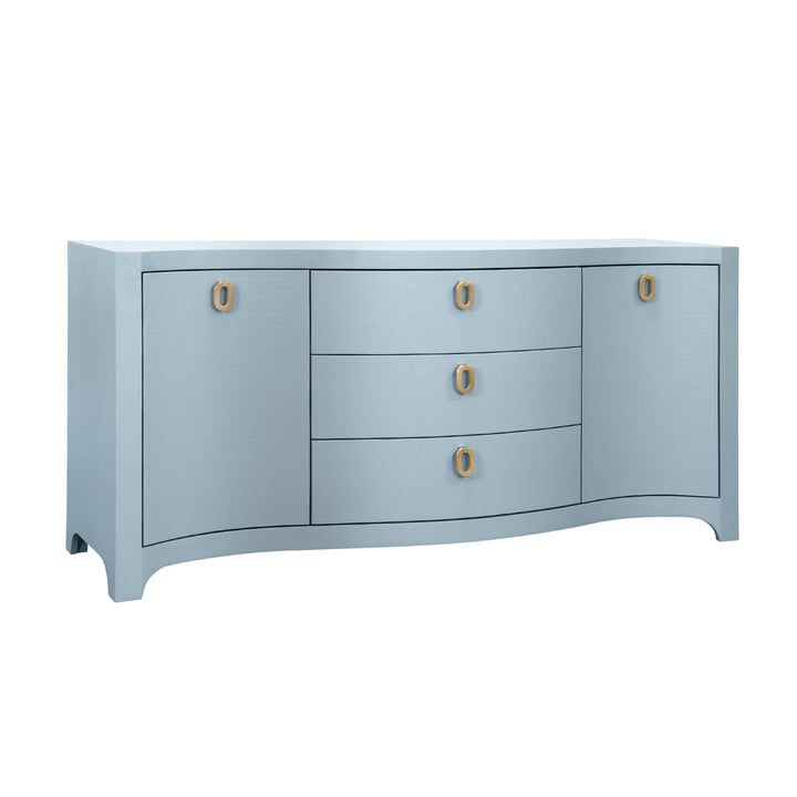 Curved Front Two Door Three Drawer Buffet In Textured Light Blue Linen With Satin Brass Ring Hardware - PAULINA LB