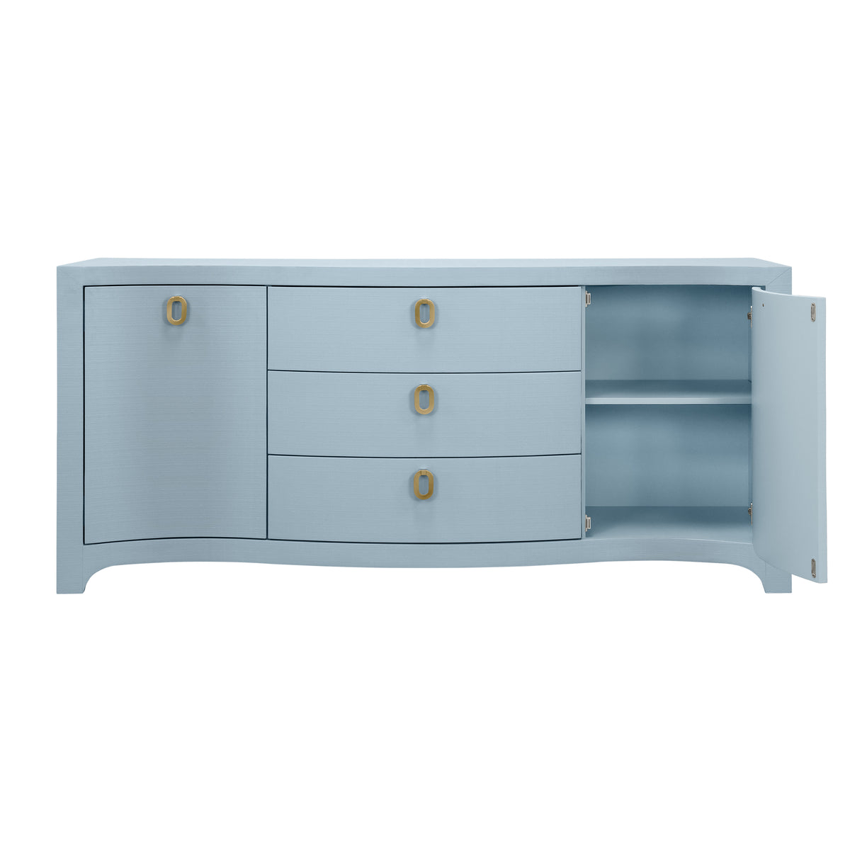 Curved Front Two Door Three Drawer Buffet In Textured Light Blue Linen With Satin Brass Ring Hardware - PAULINA LB