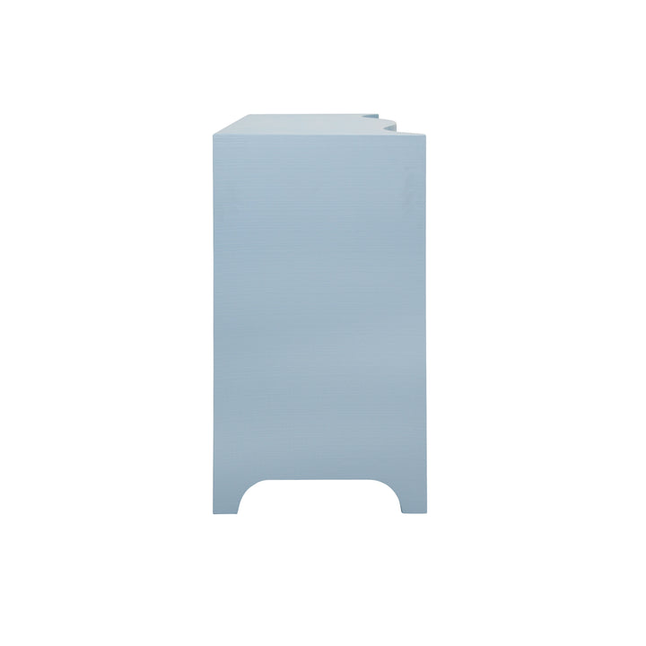 Curved Front Two Door Three Drawer Buffet In Textured Light Blue Linen With Satin Brass Ring Hardware - PAULINA LB