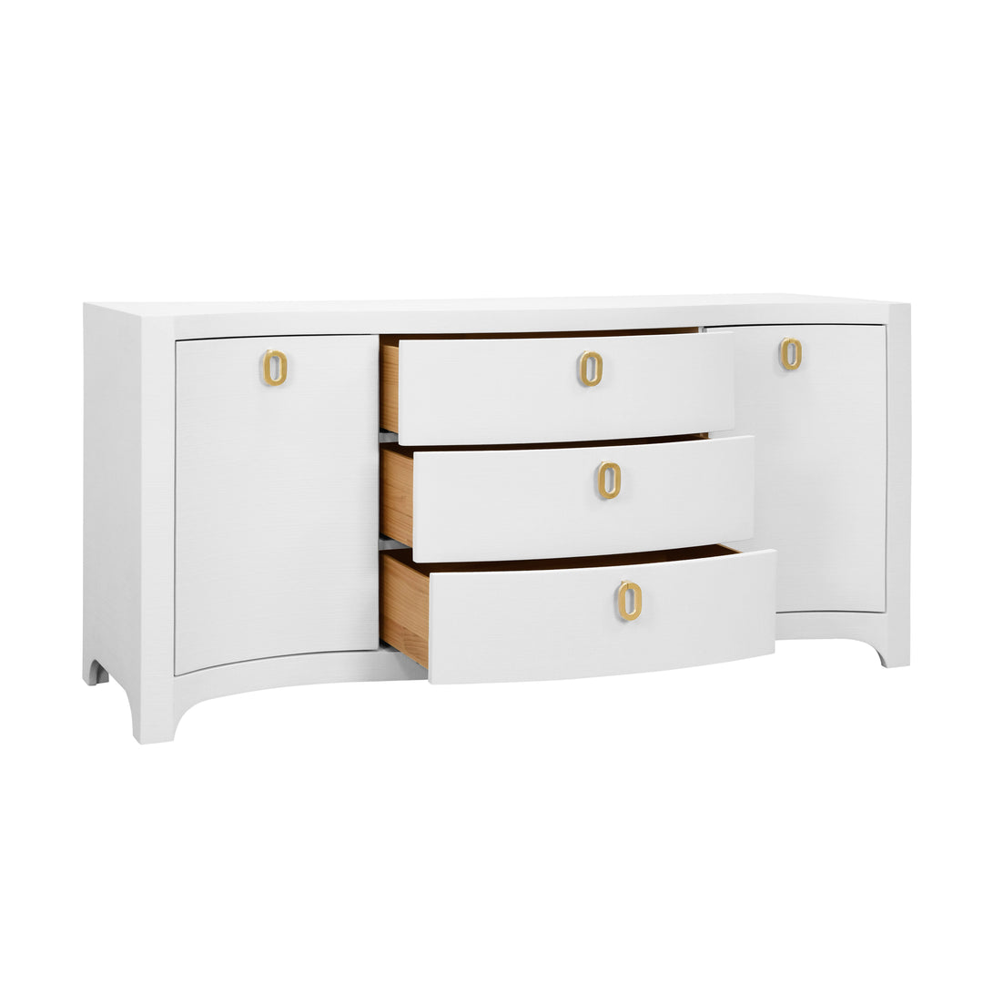 Curved Front Two Door Three Drawer Buffet In Textured White Linen With Satin Brass Ring Hardware - PAULINA WH