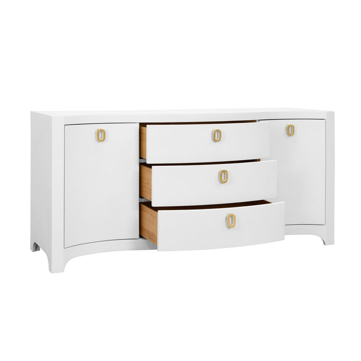 Curved Front Two Door Three Drawer Buffet In Textured White Linen With Satin Brass Ring Hardware - PAULINA WH