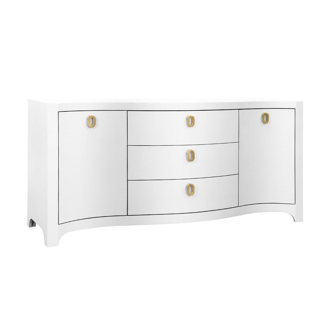 Curved Front Two Door Three Drawer Buffet In Textured White Linen With Satin Brass Ring Hardware - PAULINA WH