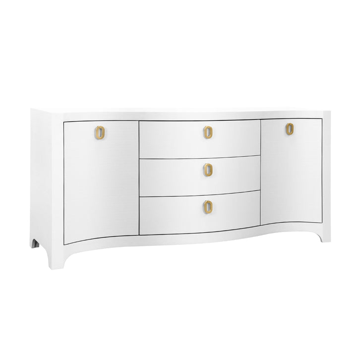 Curved Front Two Door Three Drawer Buffet In Textured White Linen With Satin Brass Ring Hardware - PAULINA WH