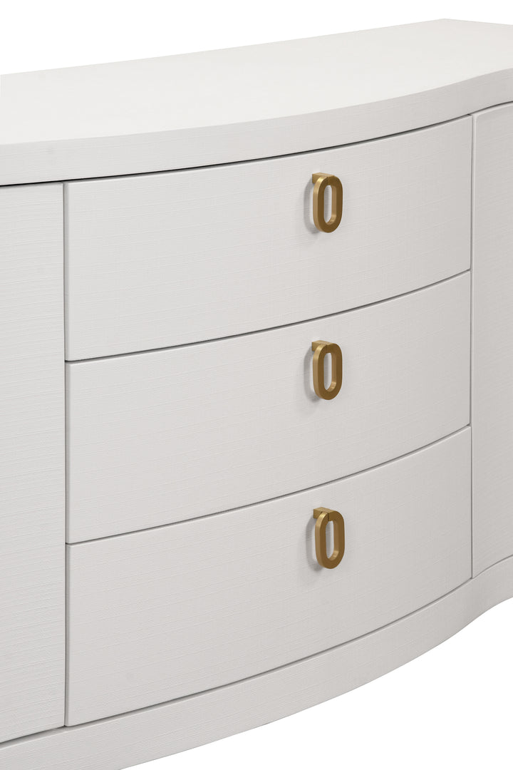 Curved Front Two Door Three Drawer Buffet In Textured White Linen With Satin Brass Ring Hardware - PAULINA WH
