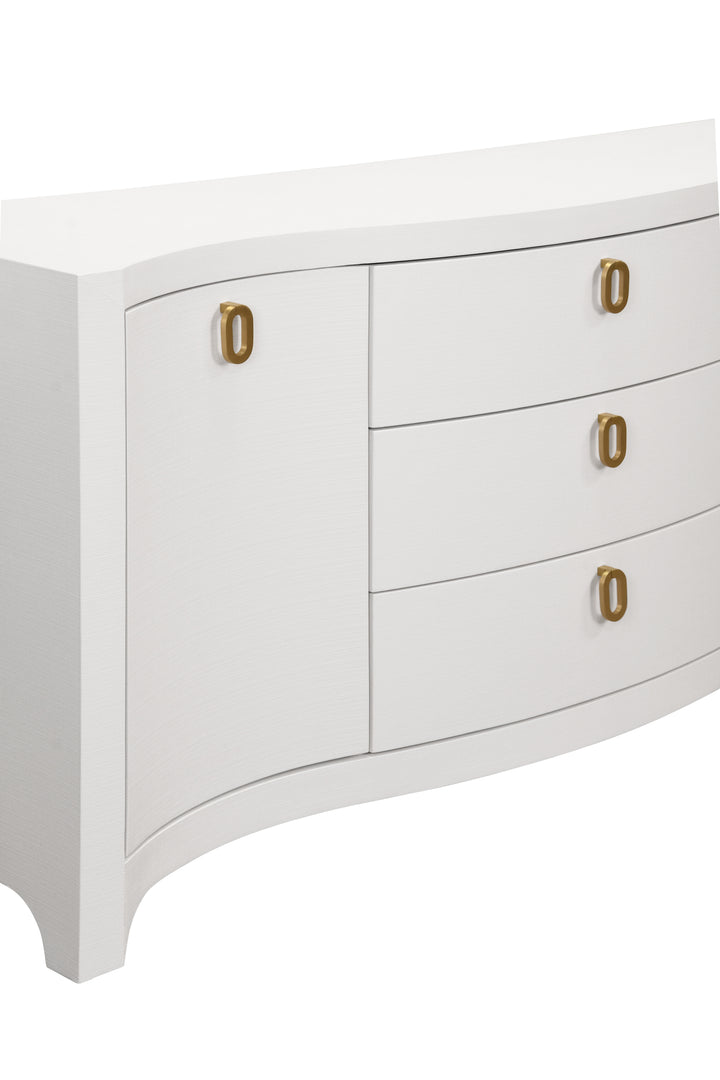 Curved Front Two Door Three Drawer Buffet In Textured White Linen With Satin Brass Ring Hardware - PAULINA WH