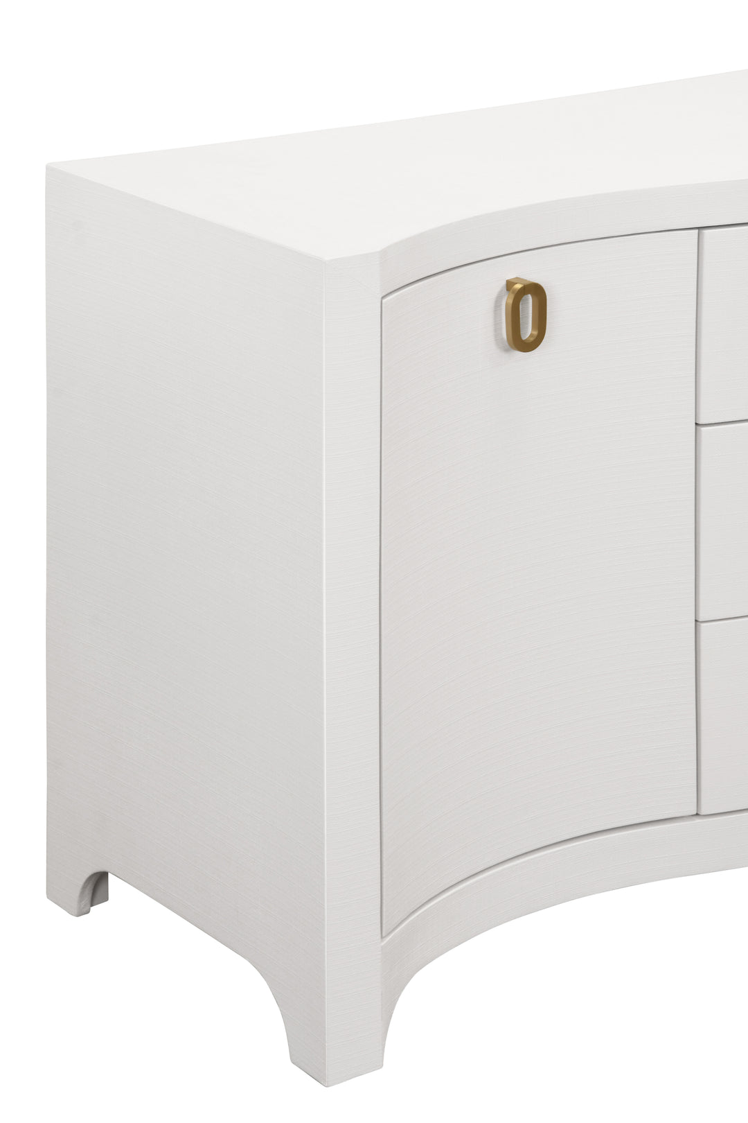 Curved Front Two Door Three Drawer Buffet In Textured White Linen With Satin Brass Ring Hardware - PAULINA WH