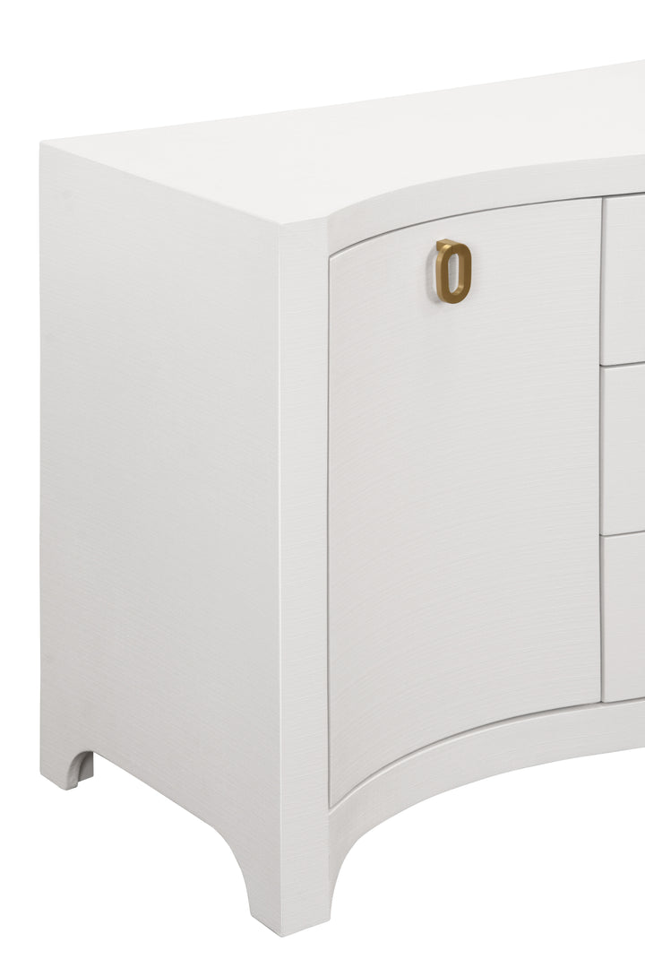 Curved Front Two Door Three Drawer Buffet In Textured White Linen With Satin Brass Ring Hardware - PAULINA WH