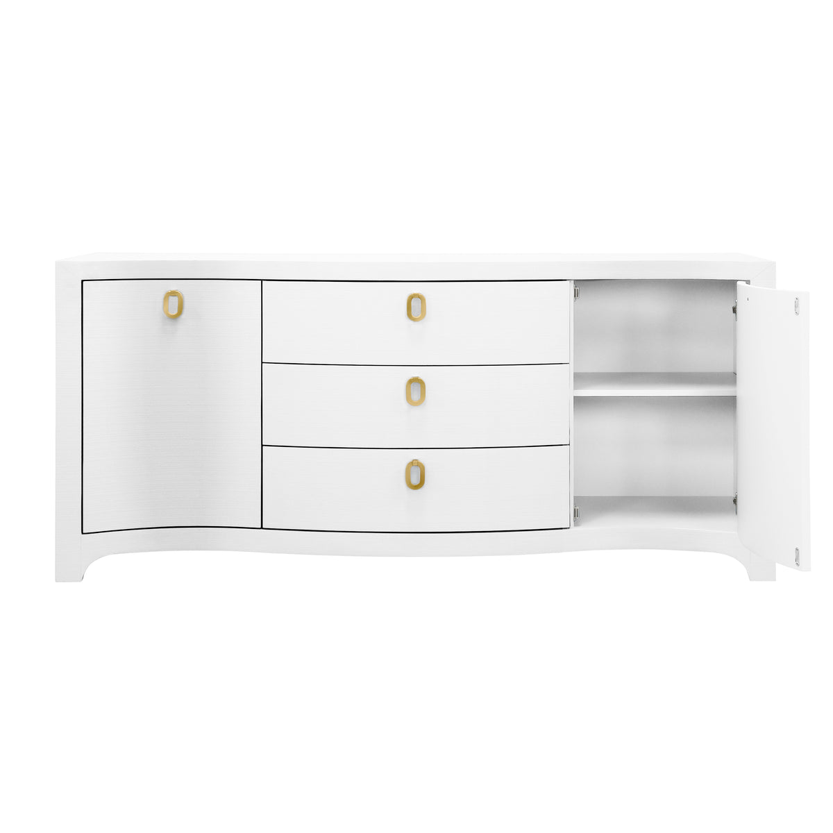 Curved Front Two Door Three Drawer Buffet In Textured White Linen With Satin Brass Ring Hardware - PAULINA WH