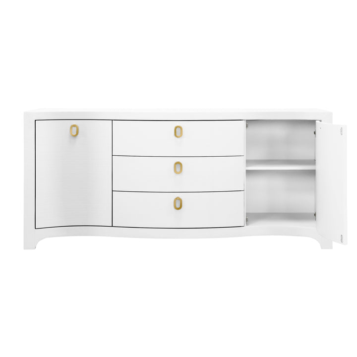 Curved Front Two Door Three Drawer Buffet In Textured White Linen With Satin Brass Ring Hardware - PAULINA WH