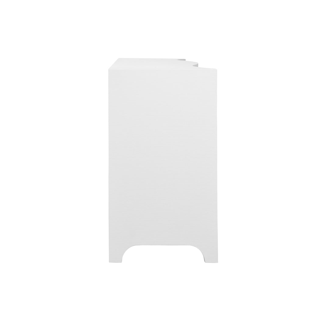 Curved Front Two Door Three Drawer Buffet In Textured White Linen With Satin Brass Ring Hardware - PAULINA WH