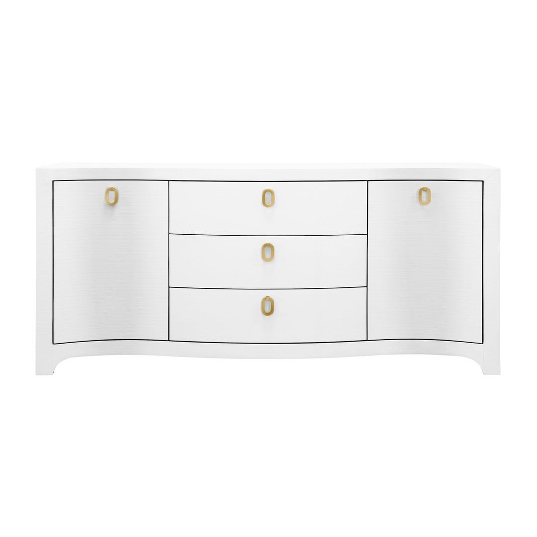 Curved Front Two Door Three Drawer Buffet In Textured White Linen With Satin Brass Ring Hardware - PAULINA WH