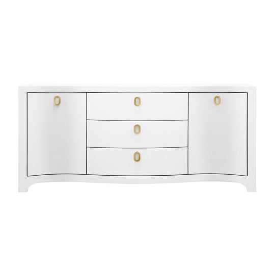 Curved Front Two Door Three Drawer Buffet In Textured White Linen With Satin Brass Ring Hardware - PAULINA WH