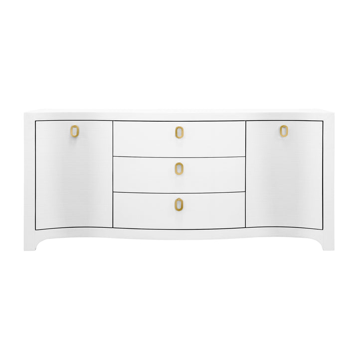 Curved Front Two Door Three Drawer Buffet In Textured White Linen With Satin Brass Ring Hardware - PAULINA WH