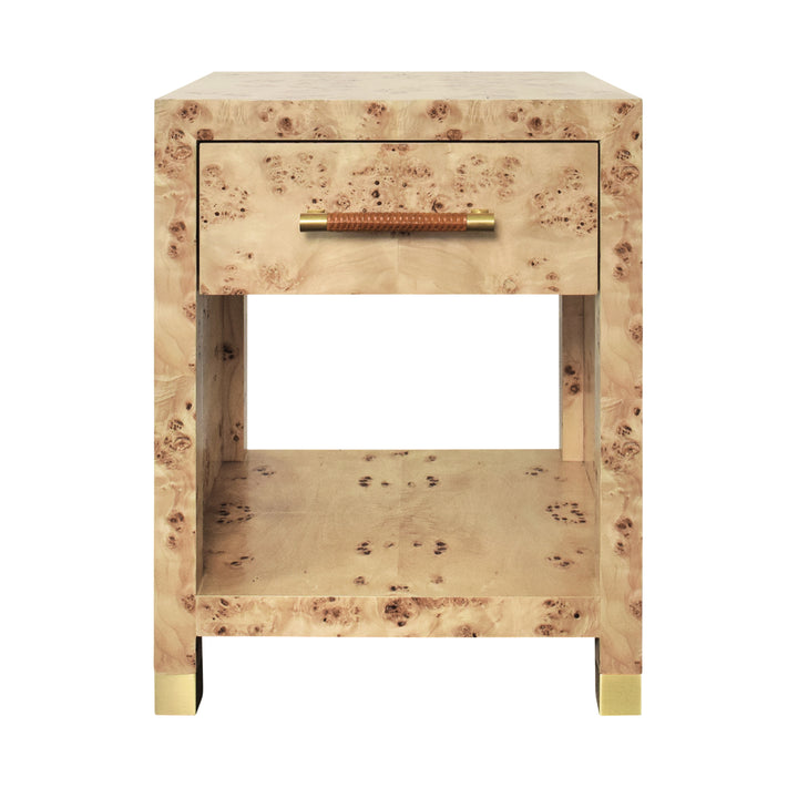 One Drawer Side Table With Rattan Wrapped Handle In Burl Wood - PELHAM BW