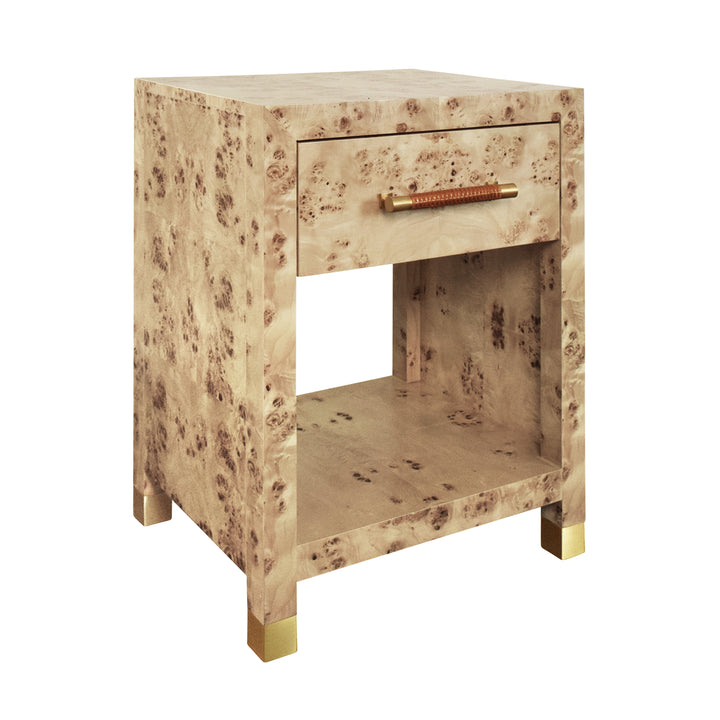 One Drawer Side Table With Rattan Wrapped Handle In Burl Wood - PELHAM BW