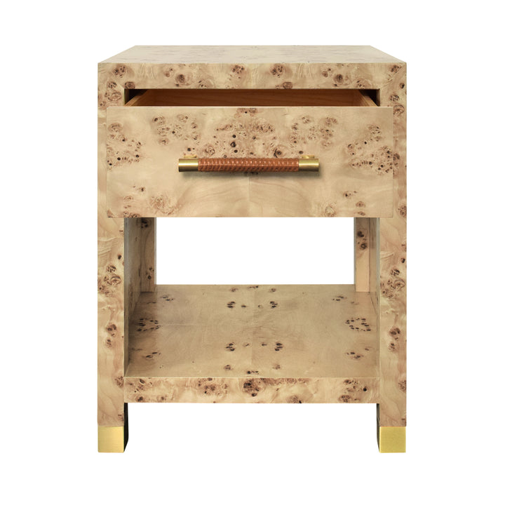 One Drawer Side Table With Rattan Wrapped Handle In Burl Wood - PELHAM BW
