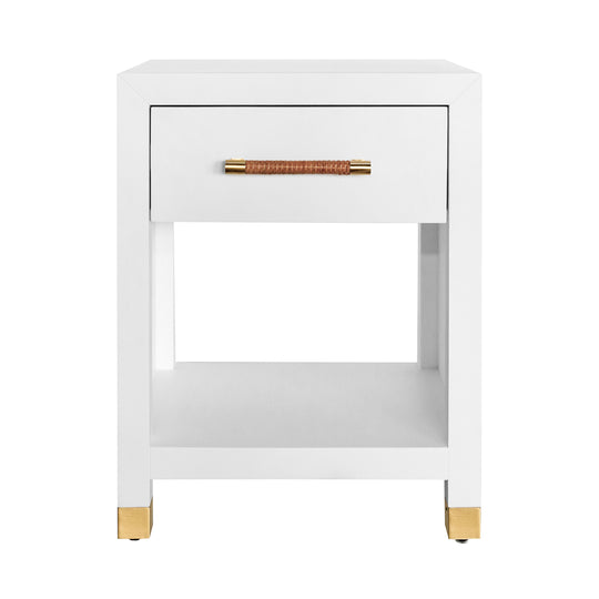 One Drawer Side Table With Rattan Wrapped Handle In Matte White Lacquer - PELHAM WH