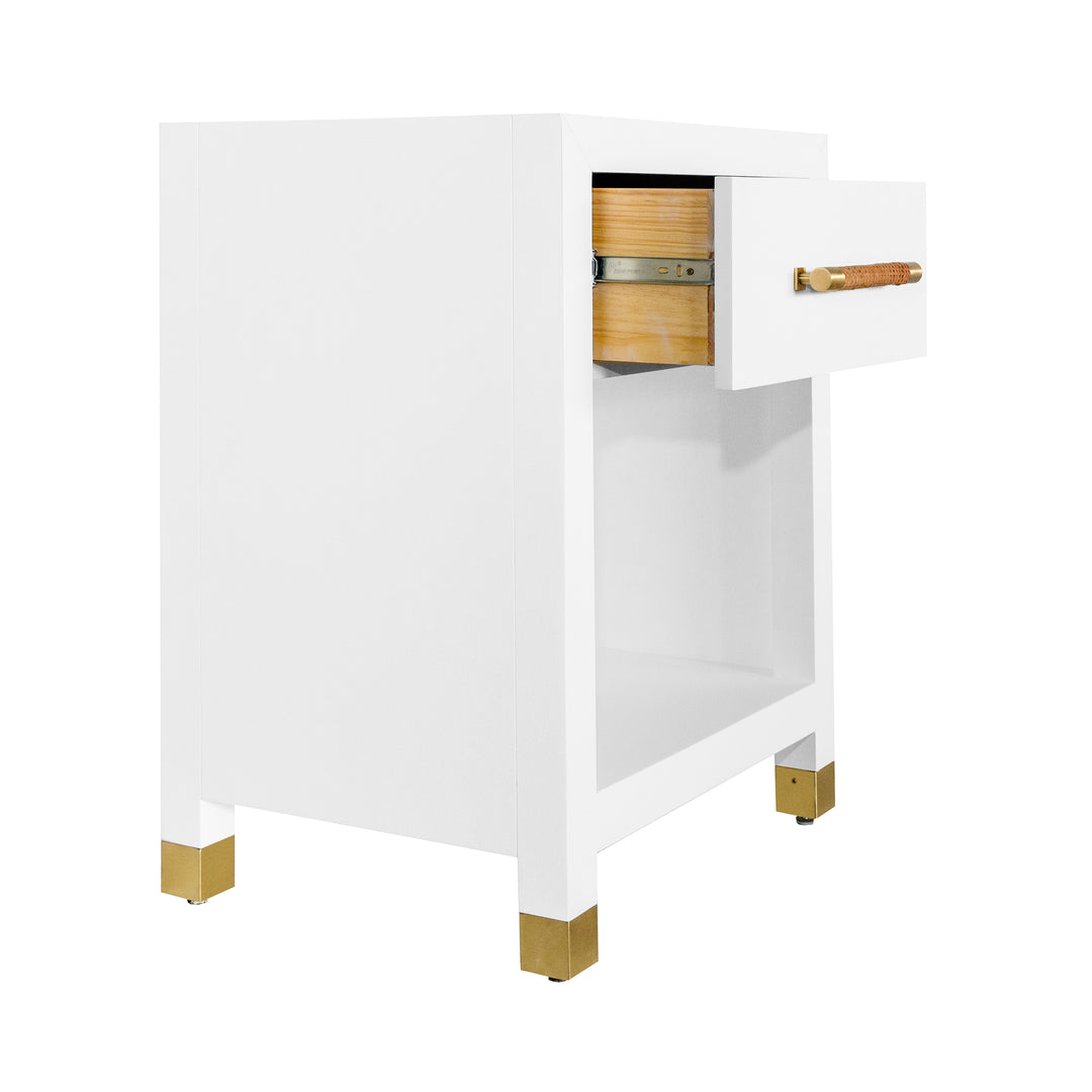 One Drawer Side Table With Rattan Wrapped Handle In Matte White Lacquer - PELHAM WH