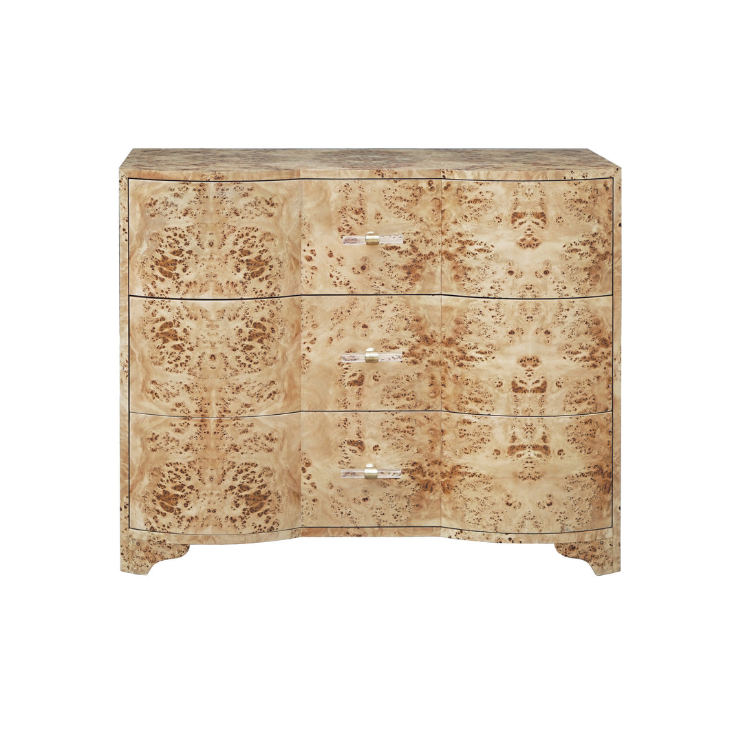Three Drawer Chest In Burl Wood With Acrylic Hardware - PLYMOUTH BW