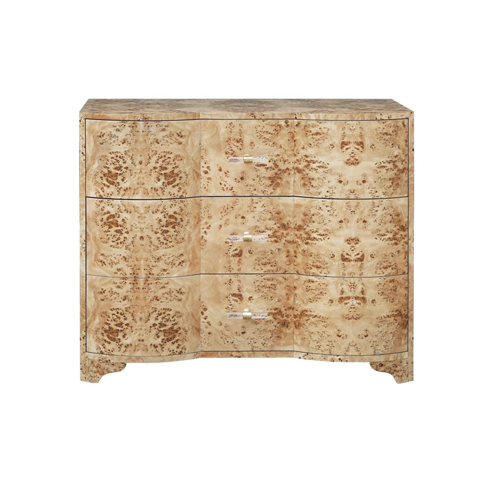 Three Drawer Chest In Burl Wood With Acrylic Hardware - PLYMOUTH BW