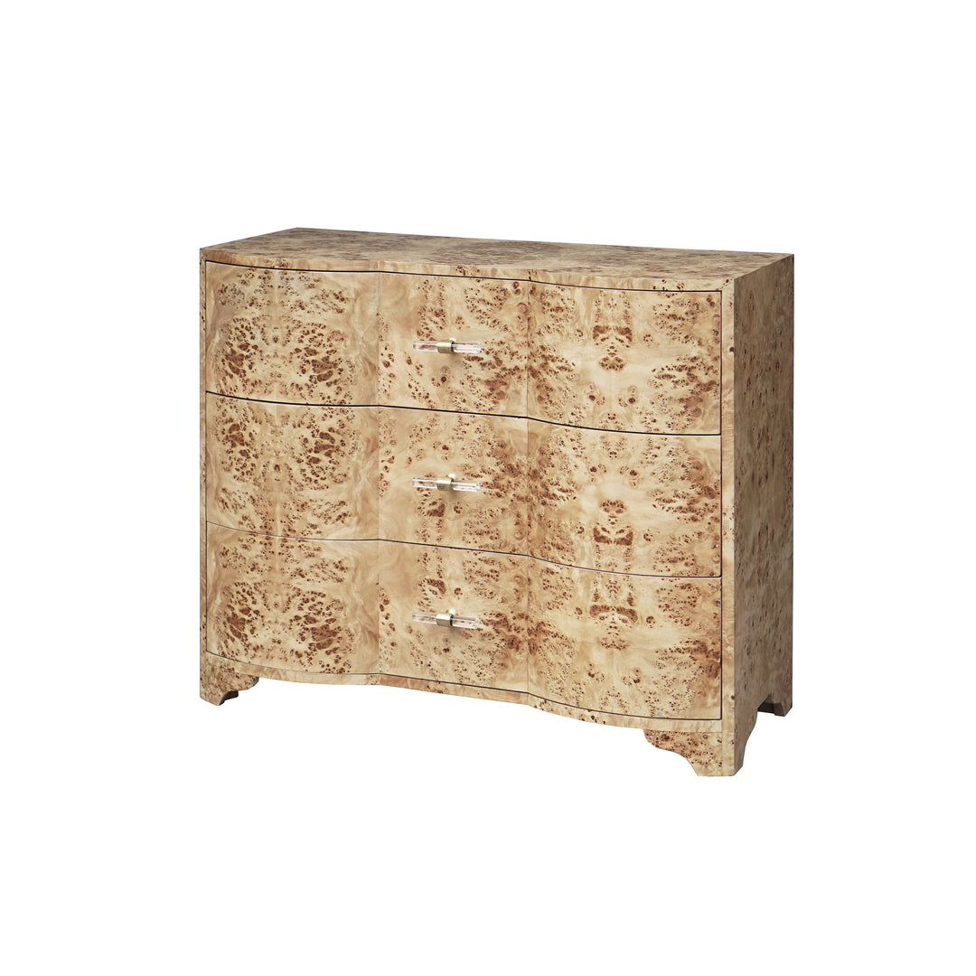 Three Drawer Chest In Burl Wood With Acrylic Hardware - PLYMOUTH BW