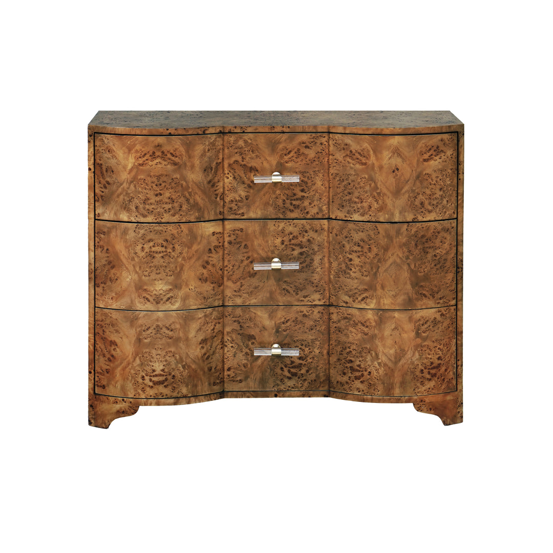 3 Drawer Chest In Dark Burl Wood With Acrylic Hardware - PLYMOUTH DBW