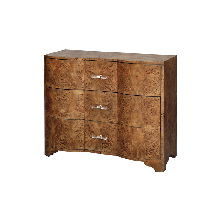 3 Drawer Chest In Dark Burl Wood With Acrylic Hardware - PLYMOUTH DBW