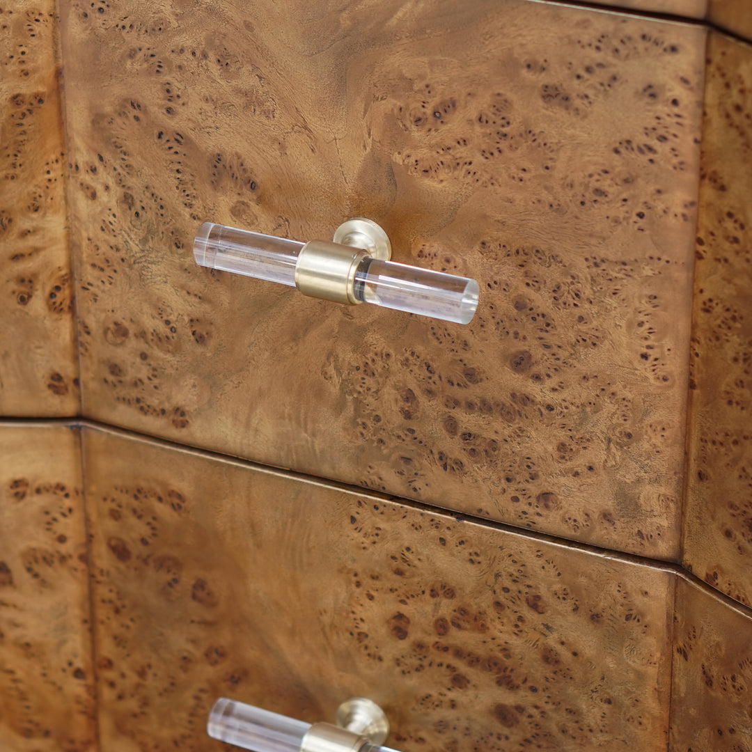 3 Drawer Chest In Dark Burl Wood With Acrylic Hardware - PLYMOUTH DBW