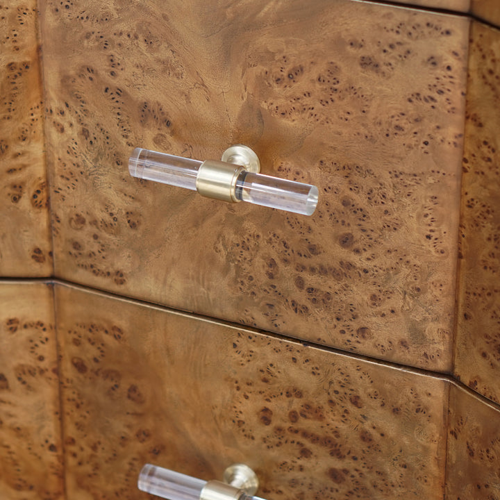3 Drawer Chest In Dark Burl Wood With Acrylic Hardware - PLYMOUTH DBW
