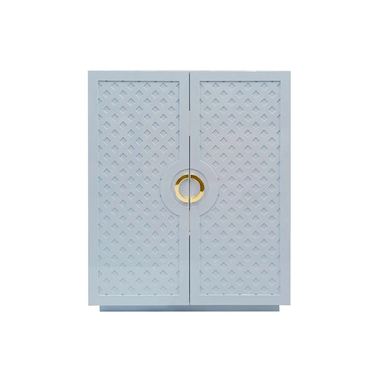Two Door Cabinet With Lattice Overlay And Brass Circle Hardware In Light Blue Lacquer - POPPY LB