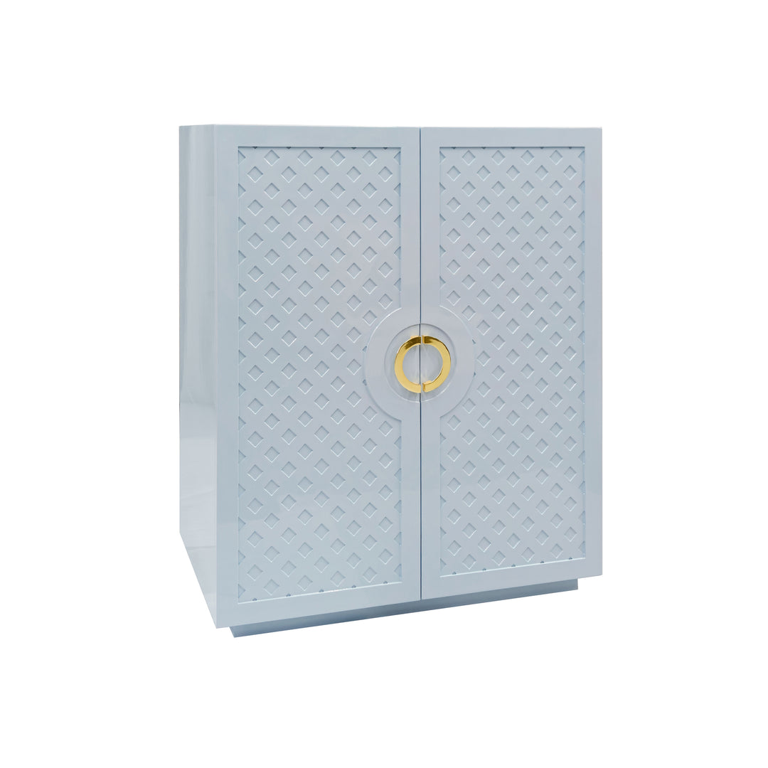 Two Door Cabinet With Lattice Overlay And Brass Circle Hardware In Light Blue Lacquer - POPPY LB