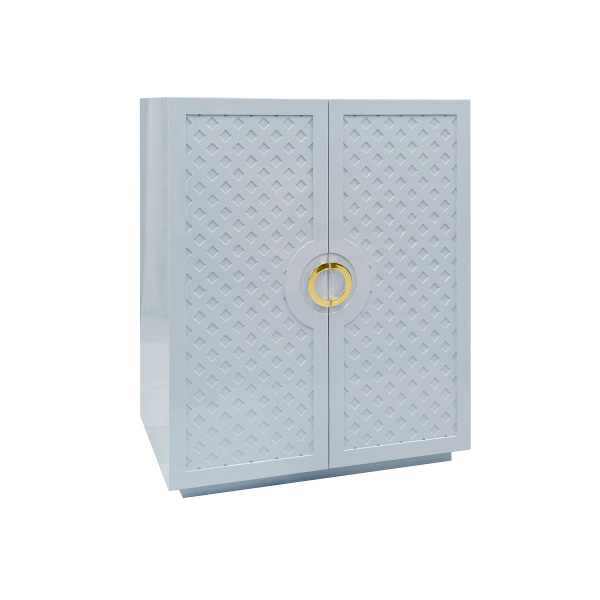 Two Door Cabinet With Lattice Overlay And Brass Circle Hardware In Light Blue Lacquer - POPPY LB