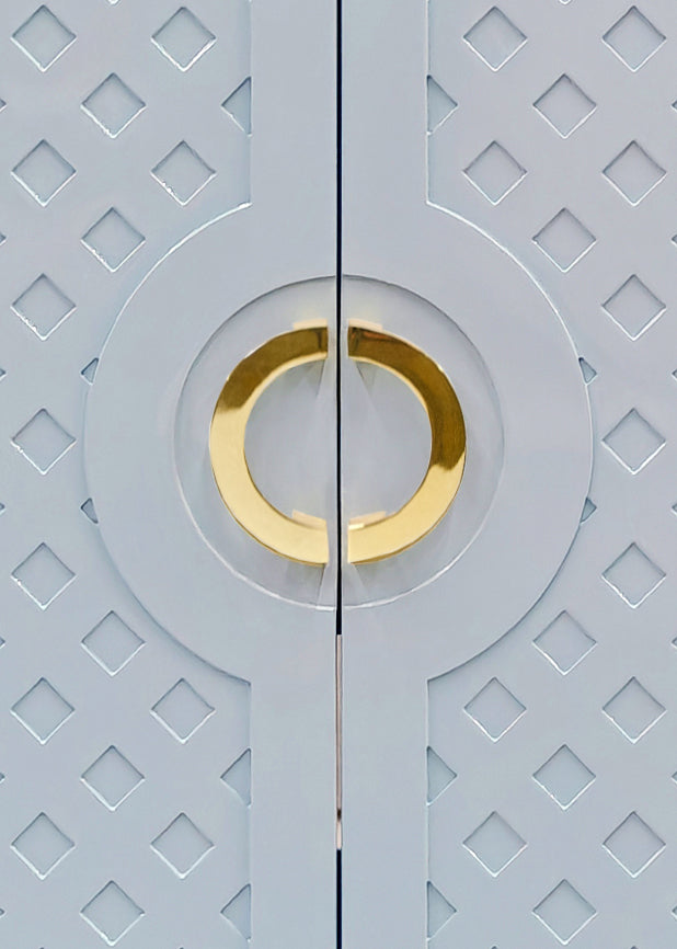 Two Door Cabinet With Lattice Overlay And Brass Circle Hardware In Light Blue Lacquer - POPPY LB