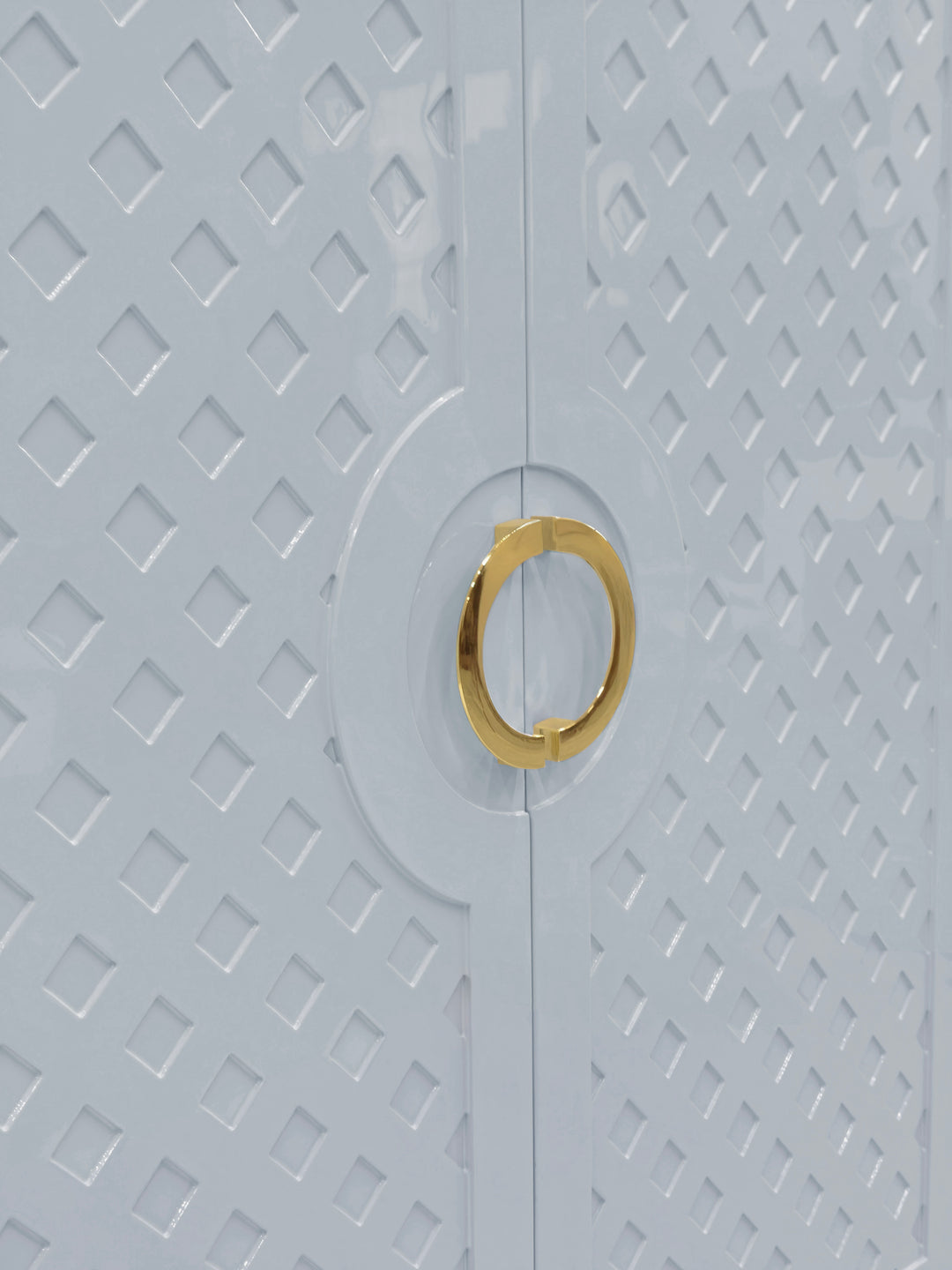 Two Door Cabinet With Lattice Overlay And Brass Circle Hardware In Light Blue Lacquer - POPPY LB