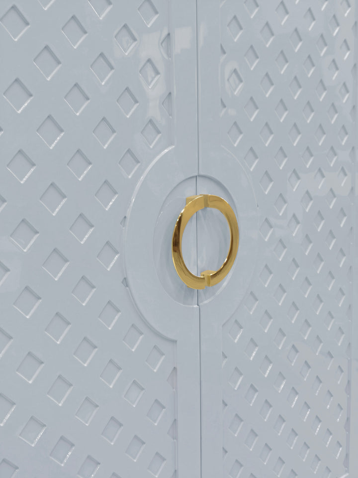 Two Door Cabinet With Lattice Overlay And Brass Circle Hardware In Light Blue Lacquer - POPPY LB