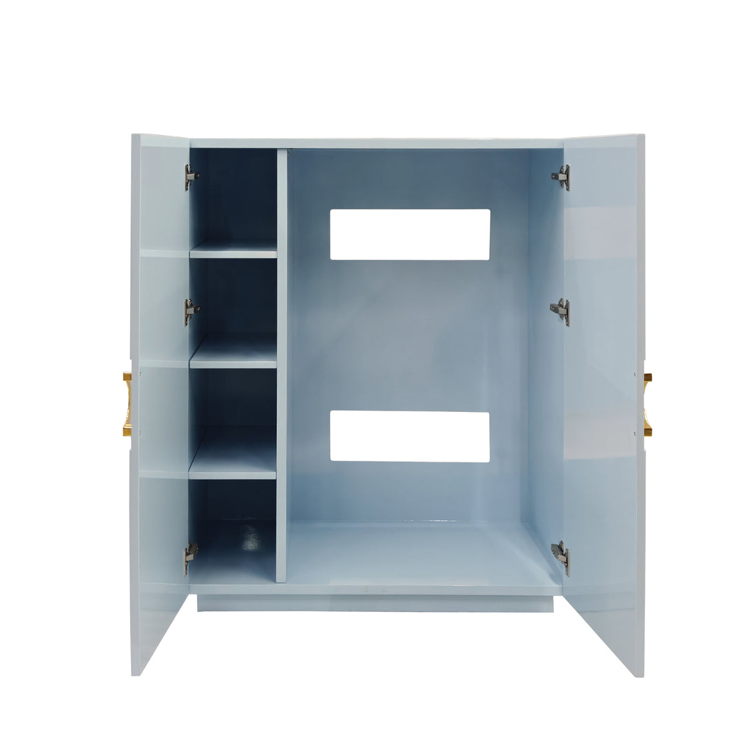 Two Door Cabinet With Lattice Overlay And Brass Circle Hardware In Light Blue Lacquer - POPPY LB