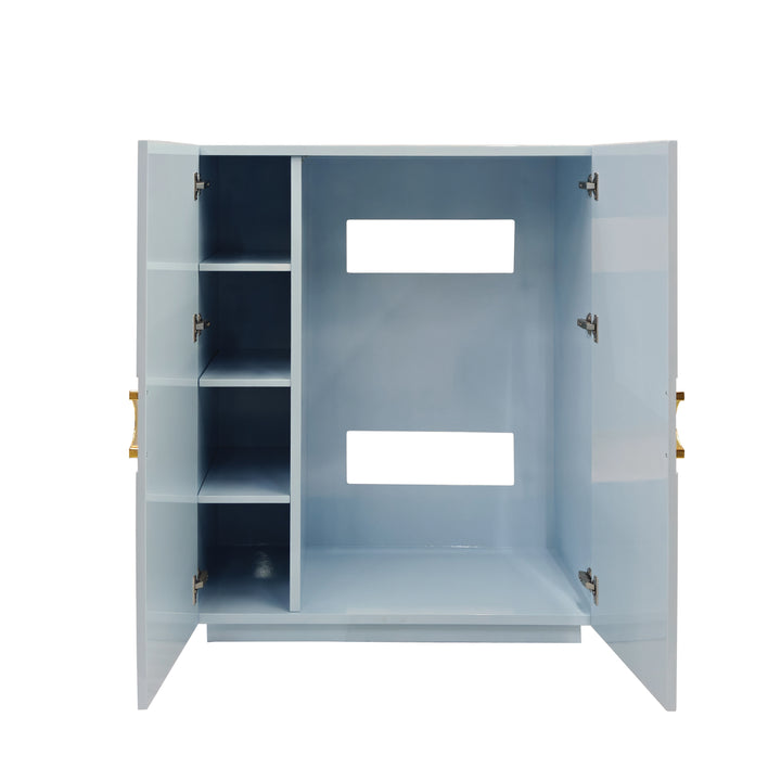 Two Door Cabinet With Lattice Overlay And Brass Circle Hardware In Light Blue Lacquer - POPPY LB